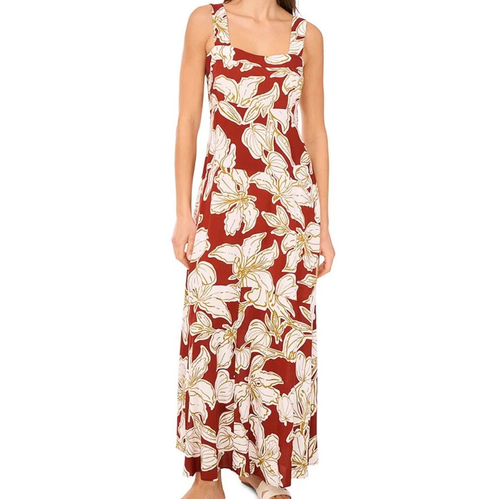 Vince Camuto Printed Square Neck Sleeveless Shift Maxi Dress in Chili